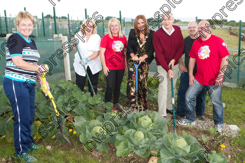 BALLYMAGOWAN-ALLOTMENT 
 Mayor Elisha McCallion at the launch of Ballymagowan Allotments. Included, from left, are Lily Melarkey, Bridie McDonald, Donna McCloskey, Triax Neighbourhood management team, and, from right, Kevin Campbell, Triax Neighbourhood management team, Raymond Brown, and Gerry Kelly, Apex Housing. (Photo - Tom Heaney, nwpresspics)