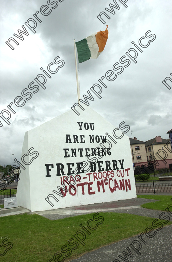 DSC 0108 
 Free Derry Wall circa 2001. Slogan "IRAQ - Troops Out. Vote McCann. (Photo - Tom Heaney, nwpresspics) 
 Keywords: McCann
Troops Out
Free Derry
Bogside