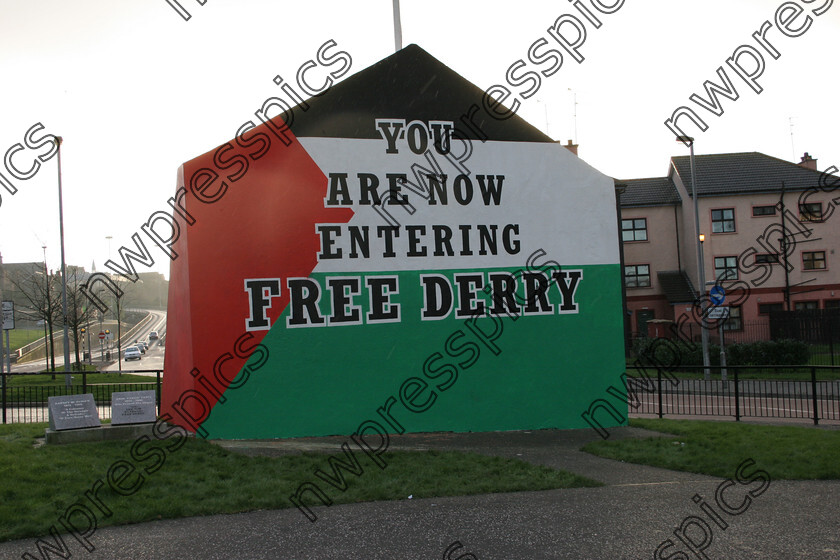 FREE DERRY PLO FLAG 
 Free Derry Wall painted the colour of the PLO flag in 2005. (Photo - Tom Heaney, nwpresspics) 
 Keywords: PLO flag
Free Derry
Bogside